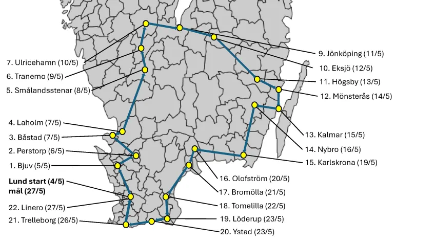 Karta över södra Sverige med turnéplan över Tandemturnén 2025